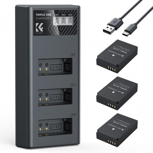Kit 3x Batteries LP-E12 1100 mAh + Chargeur LCD Double pour Canon EOS M50, M50 Mark II, M100, M200, PowerShot SX70 HS