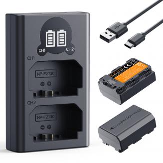 Kit 2x Batteries NP-FZ100 2600 mAh + Chargeur LCD Double pour Sony Alpha A7 IV, A7 III, A7C II, A6700, ZV-E10 II, FX30, FX3