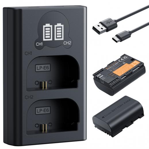 Kit IPrize 2 Batterie LP-E6/LP-E6N 2600mAh E Caricatore USB Per Canon 5D Mark II/III/IV, 6D, 7D, 60D/70D/80D E XC10