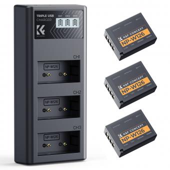 K&F CONCEPT 3-Pack NP-W126 Battery and Upgraded 3-Slot NP-W126S XT30III Battery Charger Compatible with Fujifilm X100vi, X100V, XM5, XE5, XT30II, XT30, X Half, XS10, XT20, XE4, A5 Cameras