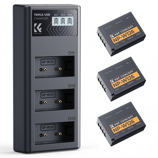 K&F CONCEPT 3-pack NP-W126 accu's en verbeterde 3-sleufs NP-W126S XT30III acculader, compatibel met Fujifilm X100vi, X100V, XM5, XE5, XT30II, XT30, X Half, XS10, XT20, XE4 en A5 camera's.
