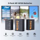 K&F CONCEPT 3-pack NP-W126 accu's en verbeterde 3-sleufs NP-W126S XT30III acculader, compatibel met Fujifilm X100vi, X100V, XM5, XE5, XT30II, XT30, X Half, XS10, XT20, XE4 en A5 camera's.