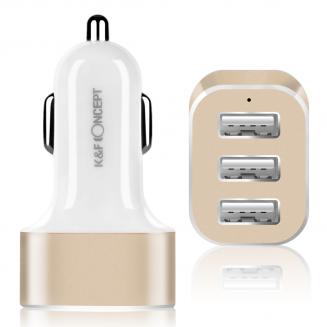Beschoi Caricabatteria per auto USB Caricatore per veicolo Caricabatterie USB a carica ultrarapida (3 porte tipo 3,4 A) iPhone 6s / 6s Plus / 6/6 Plus / 6/6 Plus / iPad / iPod / Android / Galaxy S6 / S6 Edge ultra-compatto ecc. ( Bianco + dorato)