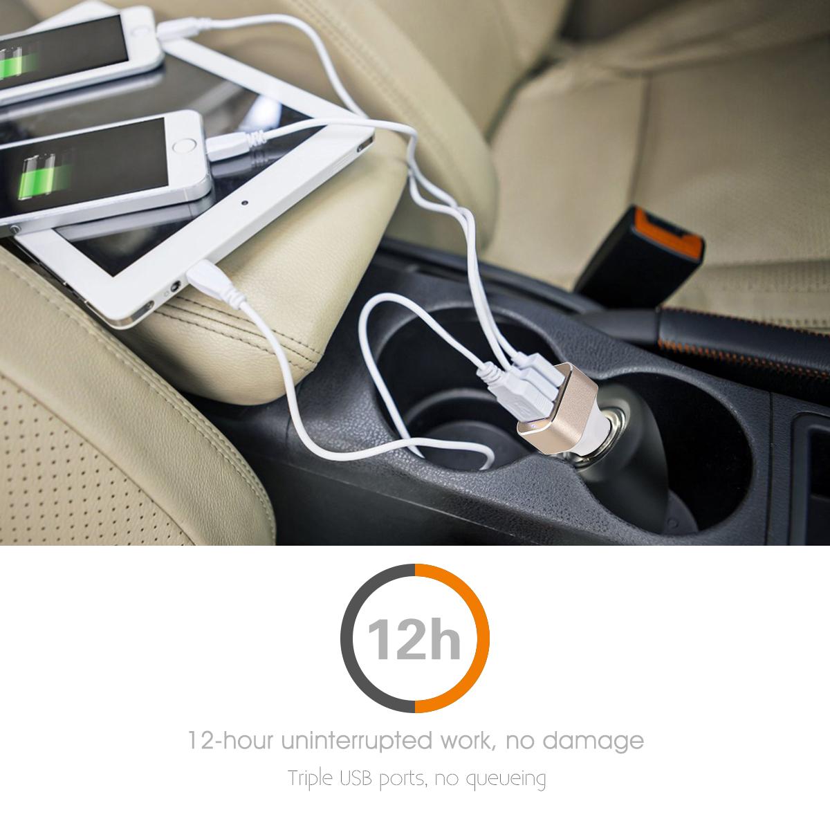 Beschoi Caricabatteria per auto USB Caricatore per veicolo Caricabatterie USB a carica ultrarapida (3 porte tipo 3,4 A) iPhone 6s / 6s Plus / 6/6 Plus / 6/6 Plus / iPad / iPod / Android / Galaxy S6 / S6 Edge ultra-compatto ecc. ( Bianco + dorato)