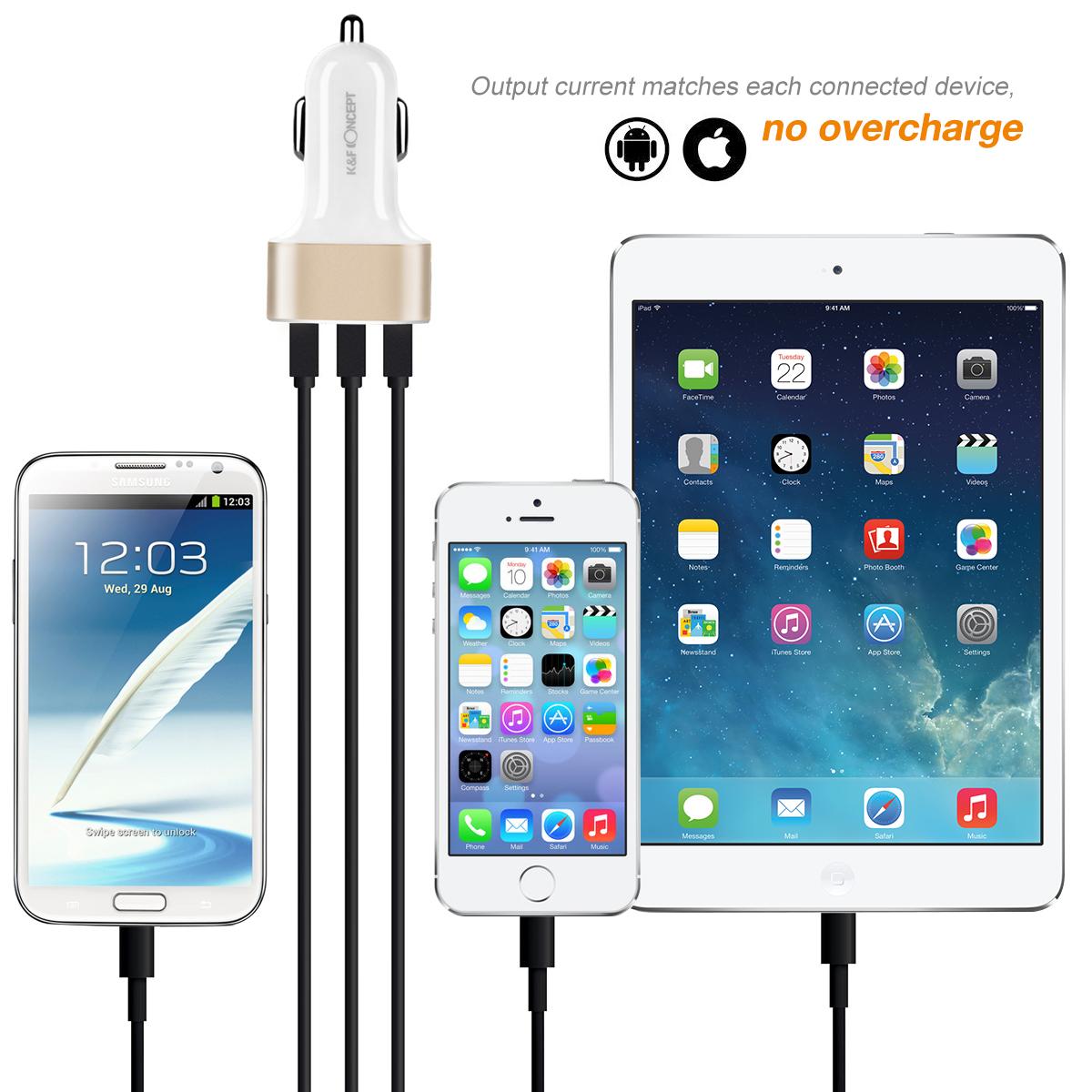 Beschoi Caricabatteria per auto USB Caricatore per veicolo Caricabatterie USB a carica ultrarapida (3 porte tipo 3,4 A) iPhone 6s / 6s Plus / 6/6 Plus / 6/6 Plus / iPad / iPod / Android / Galaxy S6 / S6 Edge ultra-compatto ecc. ( Bianco + dorato)
