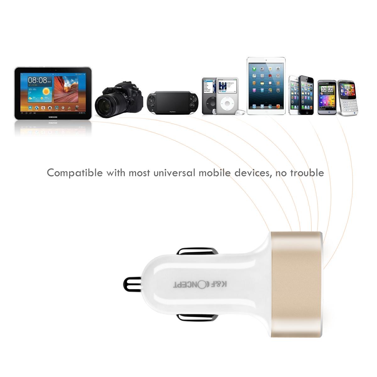 Beschoi Caricabatteria per auto USB Caricatore per veicolo Caricabatterie USB a carica ultrarapida (3 porte tipo 3,4 A) iPhone 6s / 6s Plus / 6/6 Plus / 6/6 Plus / iPad / iPod / Android / Galaxy S6 / S6 Edge ultra-compatto ecc. ( Bianco + dorato)