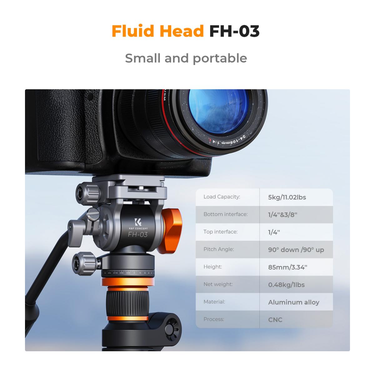 Video Fluid Head Stativhode Maks belastning 11lb/5kg, Silkemyk, Stabil Tripod Fluid Head for panorering og tilt, Arca Swiss-kompatibel væskehodefeste FH-03