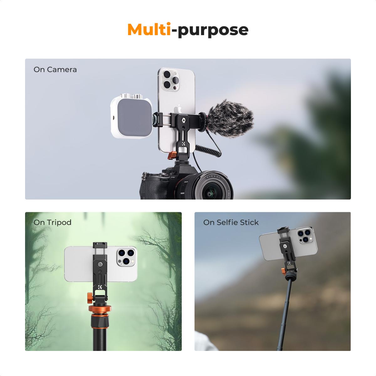 Adaptador de Trípode de Móvil, Soporte Teléfono Móvil Trípode Adaptador, con 2 Zapatas Frías, para iPhone 15/14/13, Sumsung, Xiaomi, Trípode Soporte para Teléfono 360° Giratorio