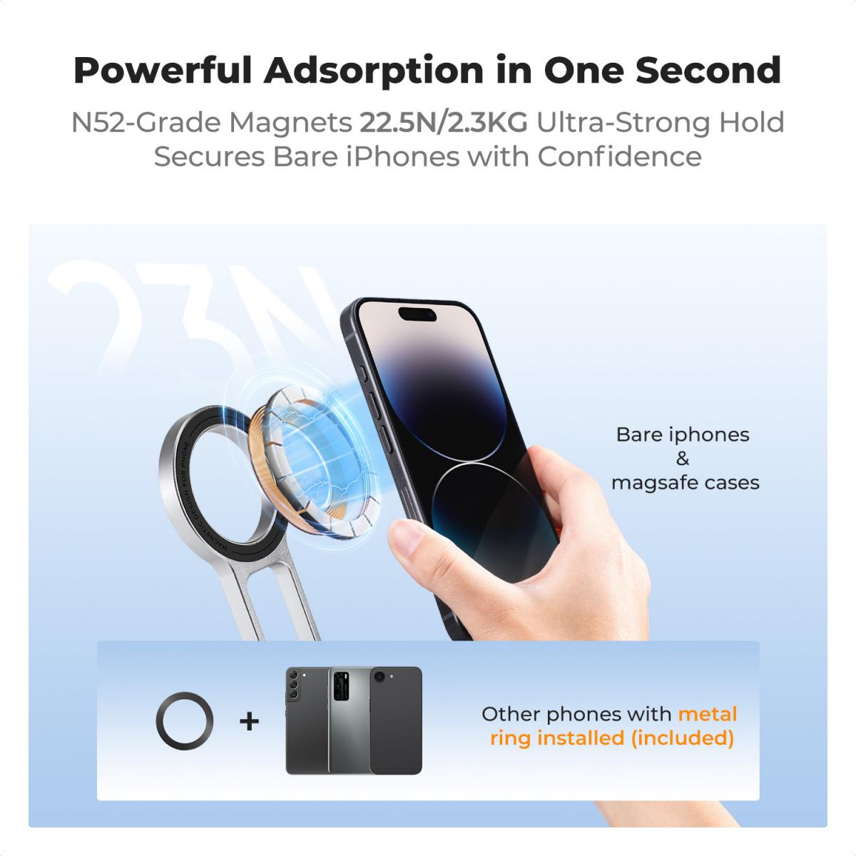 K&F CONCEPT Magnetisk Telefonstativ, 23N Stærk Magnetisk Ministativ Aluminiumslegering Lomme Selfiestang, Mag Sikker Telefonholder Kompatibel med iPhone 17 16 15 14 13 12-serien (Sølv)