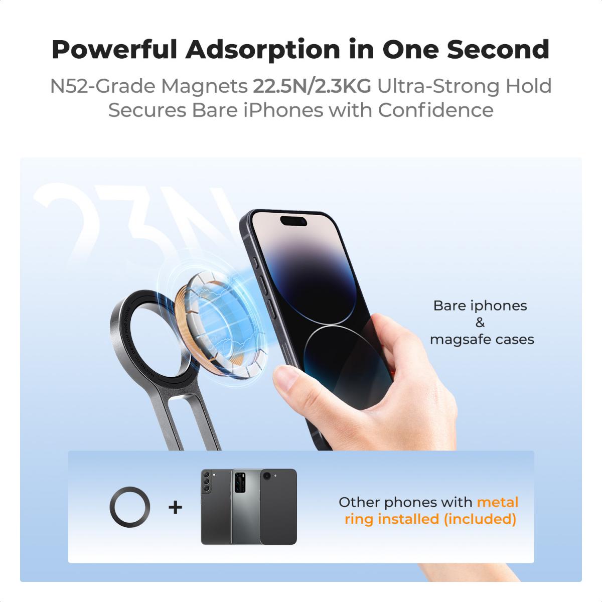 K&F CONCEPT Magnetisk Telefonstativ, 23N Stærk Magnetisk Ministativ Aluminiumslegering Lomme Selfiestang, Mag Sikker Telefonholder Kompatibel med iPhone 17 16 15 14 13 12-serien (Grå)