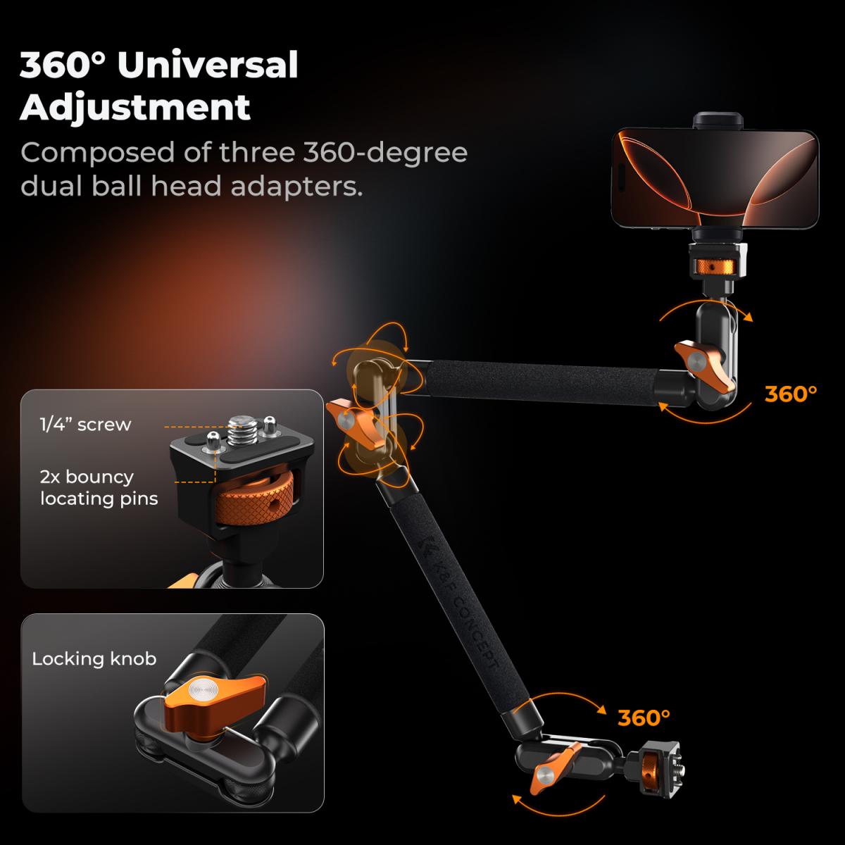 K&F CONCEPT Magic Arm Kit 22" con Morsetto, Braccio Magico per Telefono, Action Cam, Luce LED, Microfono