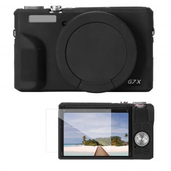 Étui de protection en silicone noir avec film protecteur d'écran pour Canon G7X III, résistant aux rayures et aux chocs, souple et anti-rayures.