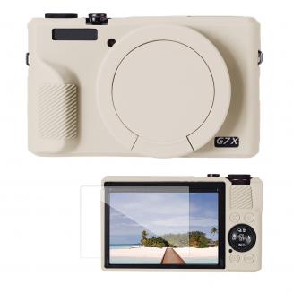 Étui de protection en silicone beige avec film protecteur d'écran pour Canon G7X III, anti-rayures et antichoc.