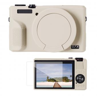 Étui de protection en silicone beige avec film protecteur d'écran pour Canon G7X III, anti-rayures et antichoc.