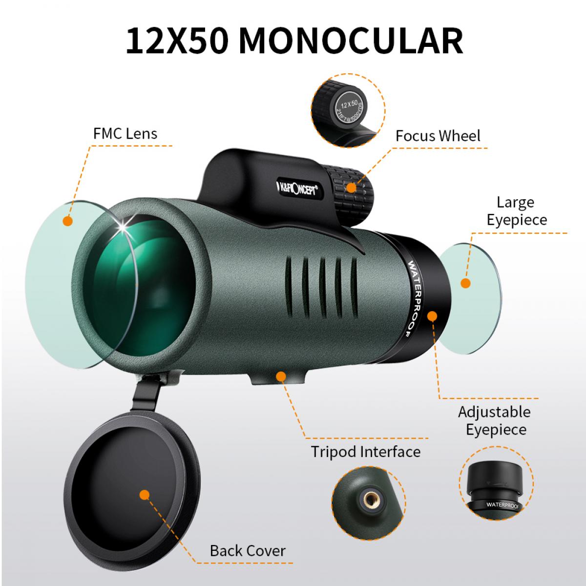 12X50 BAK4 IP68 Waterproof Prism  Monocular and Smartphone Adapter Kit Low Light Night Vision for Bird Watching, Camping,Travelling and Concerts