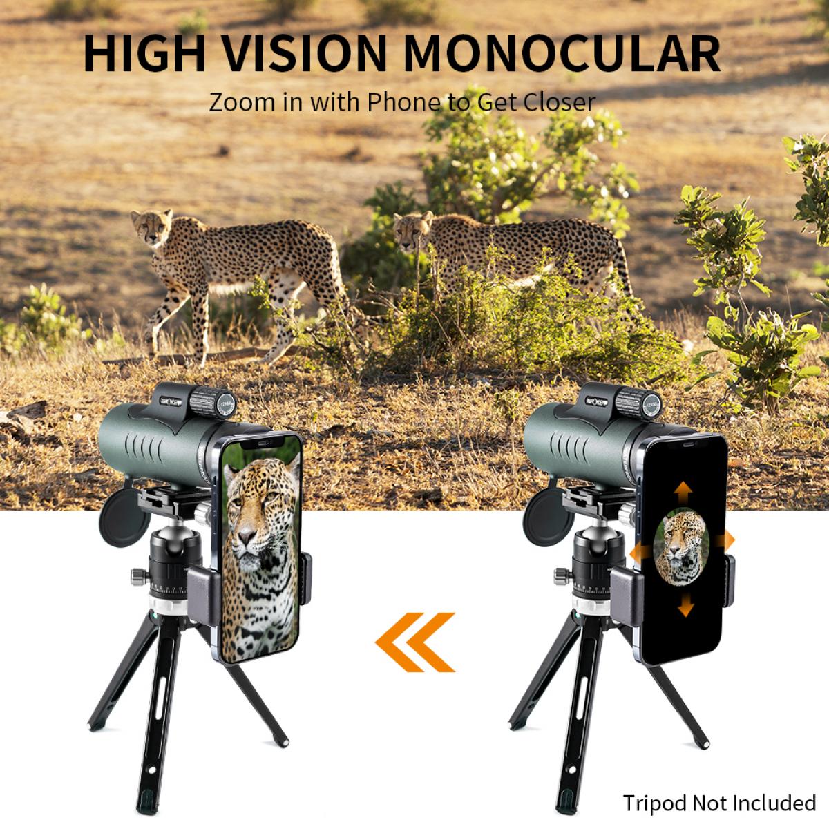 12X50 BAK4 IP68 Waterproof Prism  Monocular and Smartphone Adapter Kit Low Light Night Vision for Bird Watching, Camping,Travelling and Concerts
