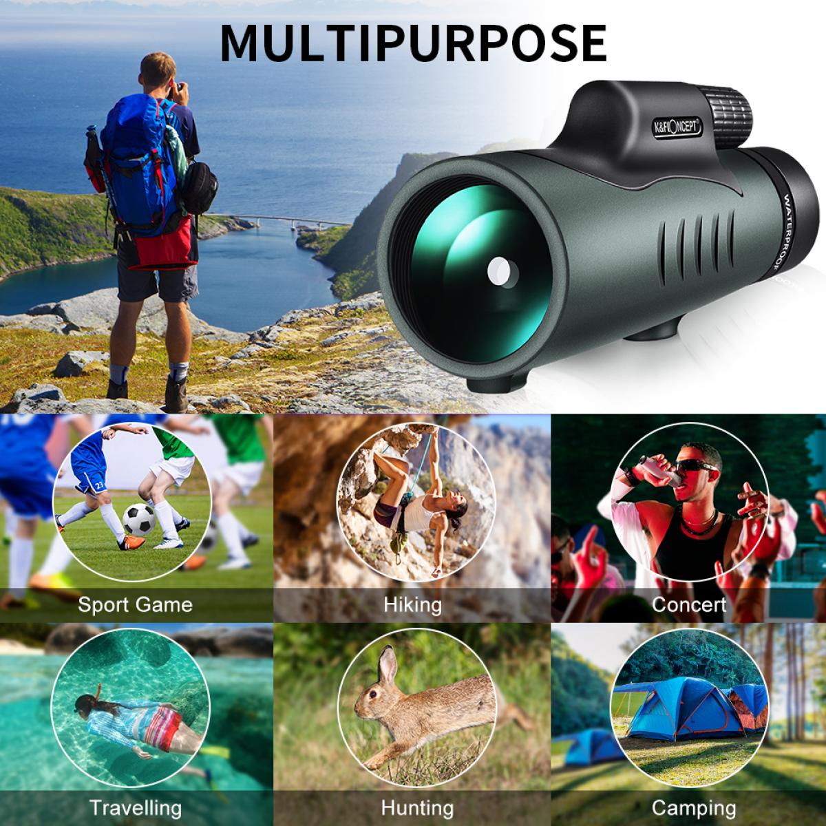 12X50 BAK4 IP68 Waterproof Prism  Monocular and Smartphone Adapter Kit Low Light Night Vision for Bird Watching, Camping,Travelling and Concerts