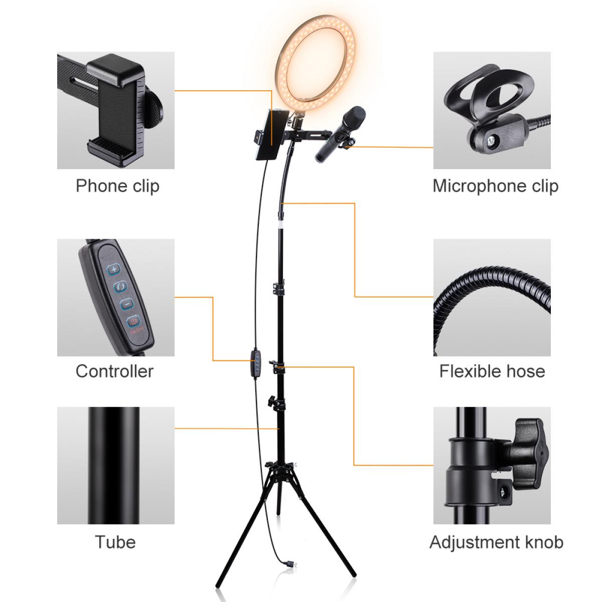 10-tums ringlampa med 58 tum stativ Flexibel slangmikrofonklämma för Vlog Camera Video Smartphone YouTube Självporträtt Makeup Fotografering
