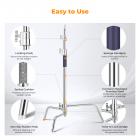 3,3 m 100 % ruostumattomasta teräksestä valmistettu kestävä C-jalusta puomivarrella, jalusta 126 cm:n pidikkeellä, 2 hiekkasäkkiä studiovalolle, softbox, heijastin