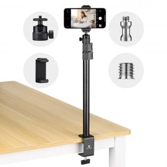 K&F CONCEPT 37–90 cm C-klämma bordsstativ med kulled, lampstativadapter och telefonhållare, kompatibel med kameror, LED-lampor, smartphones, perfekt för videoinspelning, livestreaming