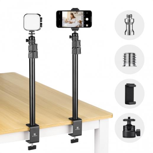 K&F CONCEPT 37-90 cm C-Clamp bordstativ (2-pak) med kuglehoved, lysstativadapter og telefonholder, kompatibel med kameraer, LED-lys, smartphones, ideel til videooptagelse, livestreaming