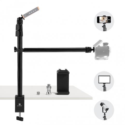 Supporto per fotocamera da soffitto K&F CONCEPT con braccio telescopico estensibile a 2 sezioni, supporto da scrivania regolabile con supporto per telefono, morsetto a C per fotocamera DSLR, telefono, webcam, microfono, ring light