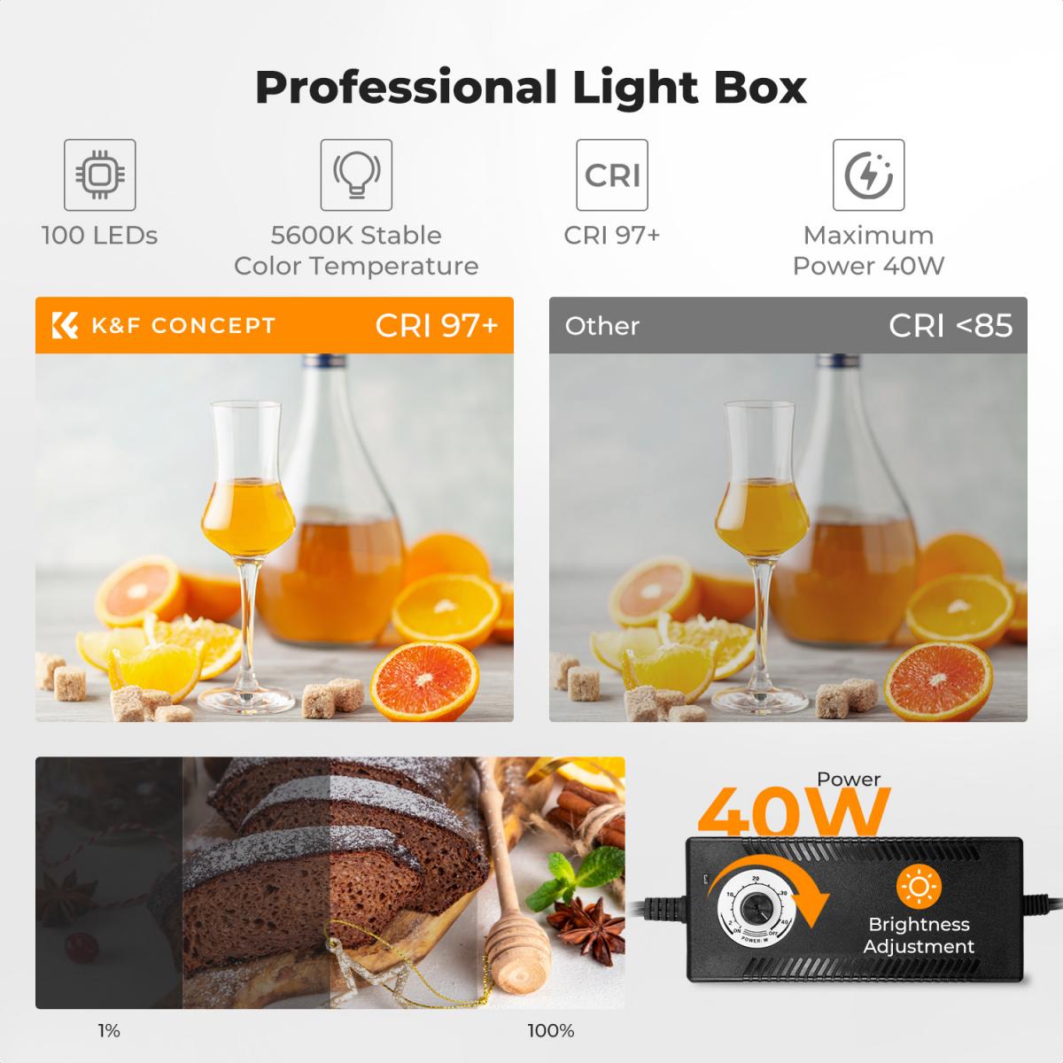 Caja de luz para estudio fotográfico K&F CONCEPT de 60x60 cm, tienda de fotografía con doble LED de 40 W con CRI 97+, iluminación regulable de 5600 K, 6 fondos, caja de luz portátil totalmente cerrada para fotografía de productos/plantas/zapatos.