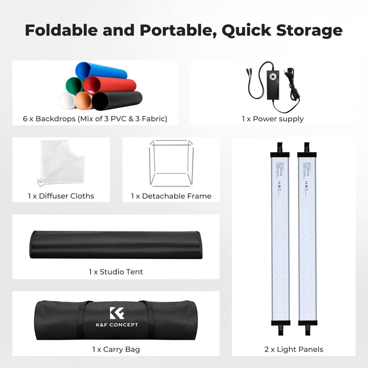 Caja de luz para estudio fotográfico K&F CONCEPT de 60x60 cm, tienda de fotografía con doble LED de 40 W con CRI 97+, iluminación regulable de 5600 K, 6 fondos, caja de luz portátil totalmente cerrada para fotografía de productos/plantas/zapatos.