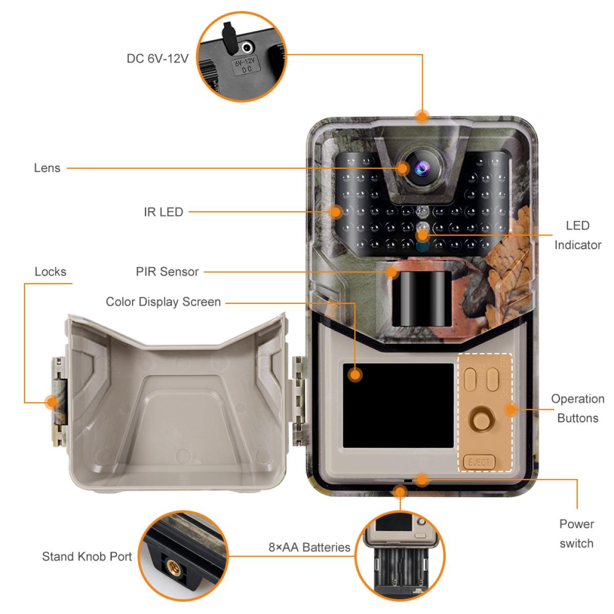 36MP / 2.7K / 0.3s Trigger Trail Camera HD كاميرا ألعاب خارجية مقاومة للماء للصيد بالأشعة تحت الحمراء كاميرا للرؤية الليلية HC-900A