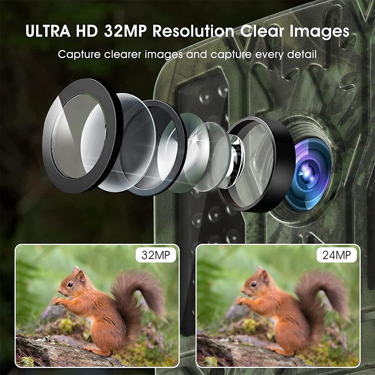 4K 32MP Wildcamera, IP67 Waterdicht, Jagd en Observatiecamera met 46 IR Leds en 2,31" Display