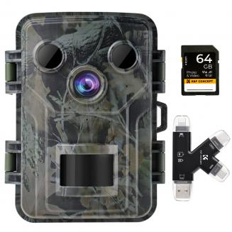1080P 20MP Wildlife Camera Trail Camera com visão noturna 0.2S gatilho ativado por movimento IP66 à prova d'água com cartão SD 64G e leitor de cartão multifuncional