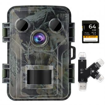 1080P 20MP Mini Impermeabile Wildlife Trail Camera 940nm Infrared Outdoor IP66 Impermeabile Caccia Infrarossi HD Night Vision Camera con 64G SD Card e Lettore di Schede Multifunzione Combo Set