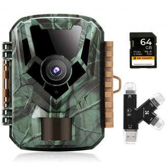 Mini câmera 1080P 16MP HD à prova d'água para caça ao ar livre com visão noturna infravermelha acionada com cartão SD 64G e conjunto de combinação de leitor de cartão multifuncional