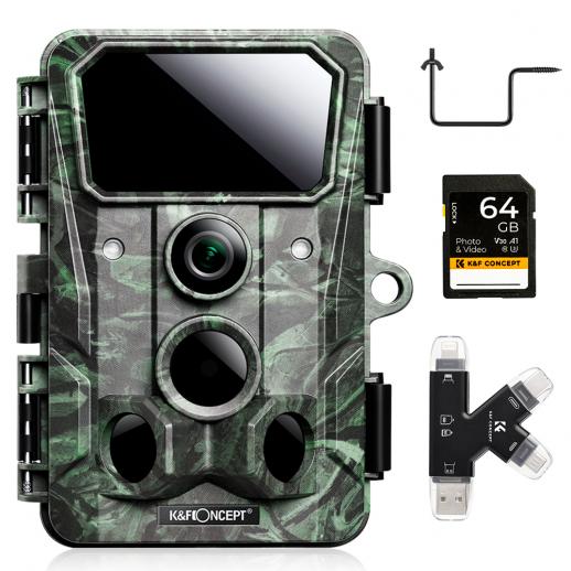 4K 30 megapikselin seurantakamera WiFi-pelikamera 0,2 sekuntia laukaista Clear Night Vision, 64G SD-kortti ja Tree Spike, monitoimikorttilukija