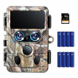4K Trail Camera Dual Lens Starlight Night Vision 48MP WiFi Bluetooth-spillkamera, 120° deteksjonsvinkel 0,3 sekunders utløsertid, IP66 vanntett jaktkamera for dyrelivsovervåking med AA alkaliske batterier og 64G høyhastighets SD-kort