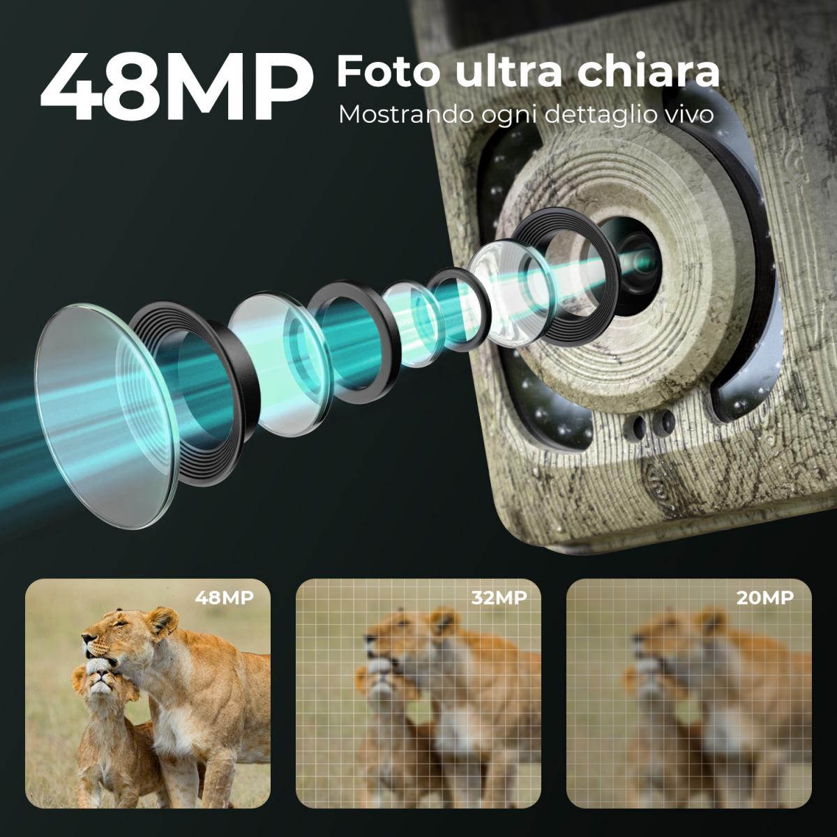 4K 48MP Wildlife Camera con sensore di movimento Visione notturna Obiettivo grandangolare 0.2s Trigger Speed ​​​​2s Intervallo PIR IP66 Impermeabile con scheda SD da 64 GB e 8 batterie AA Bark Color