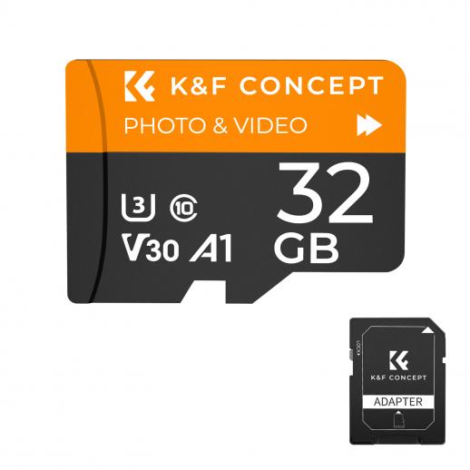 32G micro SD -kortti U3/V30/A1 sovittimella muistikortilla, joka sopii kotivalvontakameran metsästyskameraan ja ajotallennin muistikorttiin K&F CONCEPT
