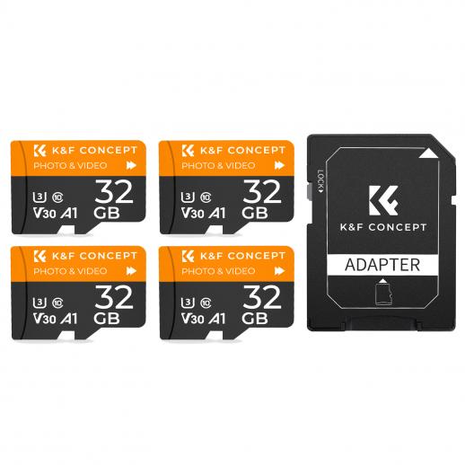 32G micro SD -kortti U3/V30/A1 sovittimella 4 pakkausta muistikorttia, joka soveltuu kotivalvontakameralle metsästyskameralle ja ajotallennin muistikortti K&F CONCEPT