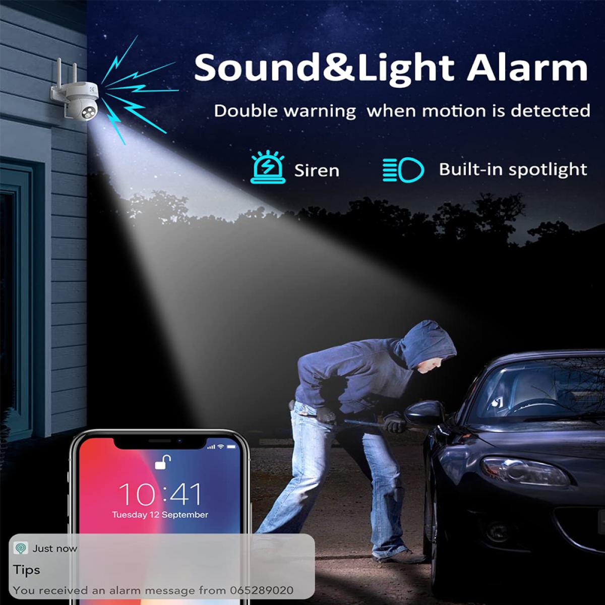 Overvågningskamera udendørs, 2K-3MP Wifi overvågningskamera udendørs med automatisk sporing, bevægelsesdetektering, farvet nattesyn, 355°/120° drejning, 2-vejs lyd, IP66