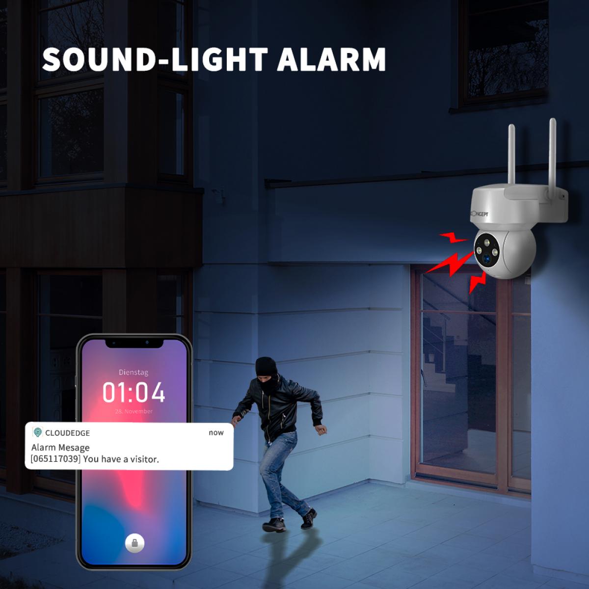 Overvågningskamera udendørs, 2K-3MP Wifi overvågningskamera udendørs med automatisk sporing, bevægelsesdetektering, farvet nattesyn, 355°/120° drejning, 2-vejs lyd, IP66