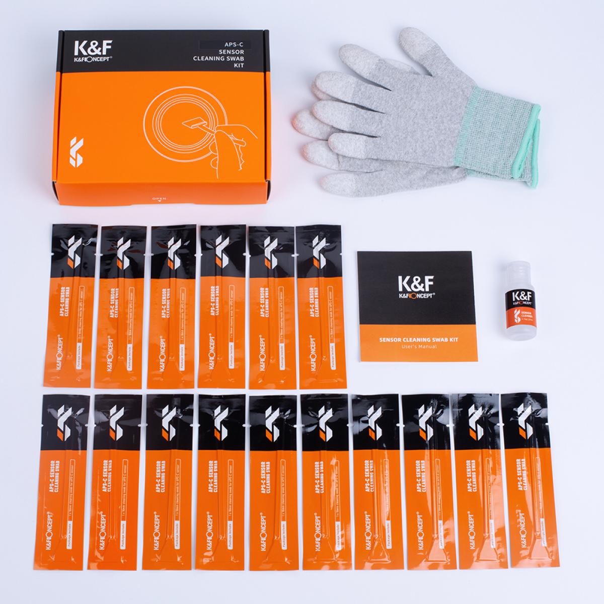 K&F CK02 16 mm APS-C-format Rengöringssatser (16PCS rengöringspinne + ett par PU-belagda handdammfria gummihandskar + ren flaska-Ingen vätska)