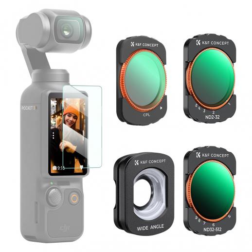 K&F Concept variabelt ND- og CPL- og vidvinkelobjektiv kompatibelt med DJI Osmo Pocket 3 Creator Combo, nøytral tetthet ND2-32 ND32-512 polariserende vidvinkelobjektiv 4-pakning, flerbelagt HD optisk glass