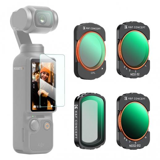 Kit 4 Filtros Magnéticos K&F Concept para DJI Osmo Pocket 3 (CPL/Black Mist 1/4/VND ND2-512) - Efecto Cine