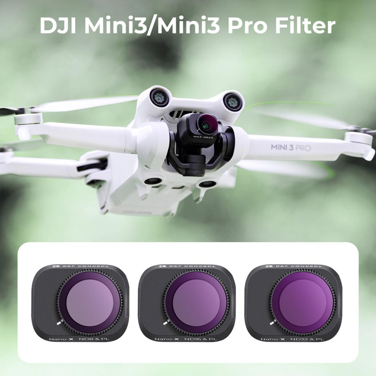 DJI Drone Mini3 Pro filtersett (ND8&PL + ND16&PL + ND32&PL) med ensidig antirefleks grønn film og et sett med padler for Mini3