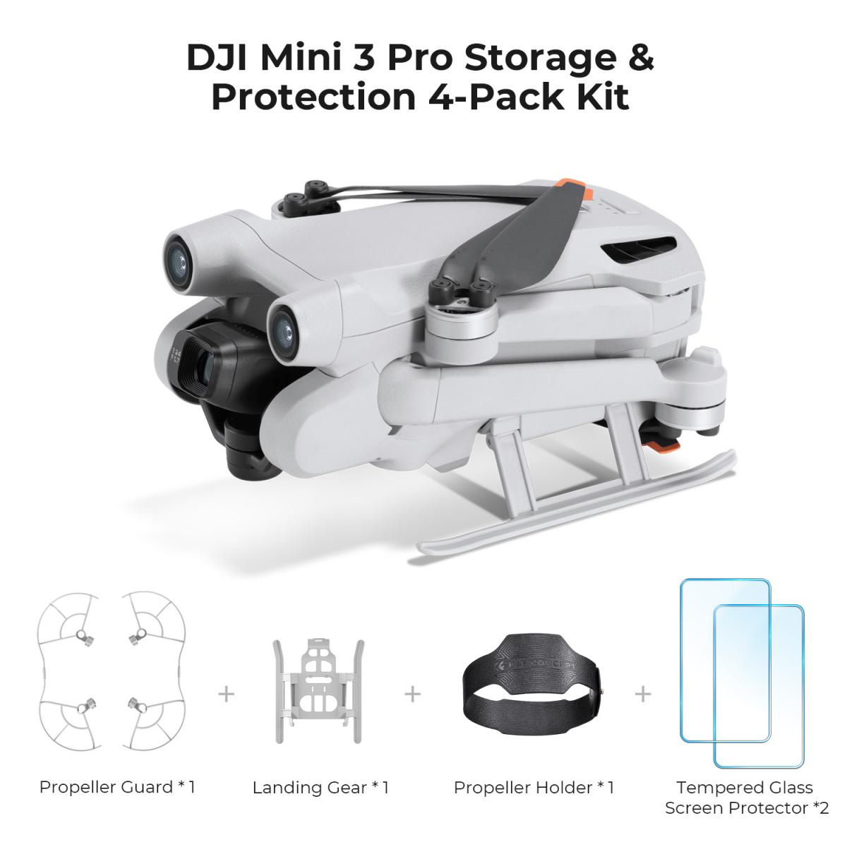 DJI Mini 3 PRO -suojakalvo kauko-ohjaimelle näytöllä (2 kpl pakkaus) + korotettu laskuteline + potkurin törmäyksenestorengas + potkurin nippu, 4 in 1 setti