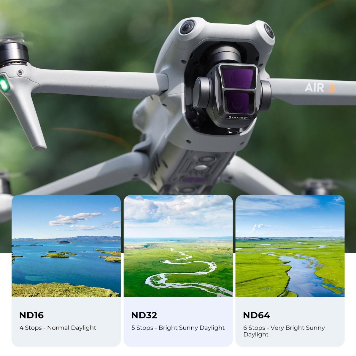 DJI Air 3 ND8, ND16, ND32, ND64 suodattimet 4 kpl sarja, neutraalitiheyssuodatinsarja, 28-kerroksinen monipinnoitettu HD optinen lasisuodatin