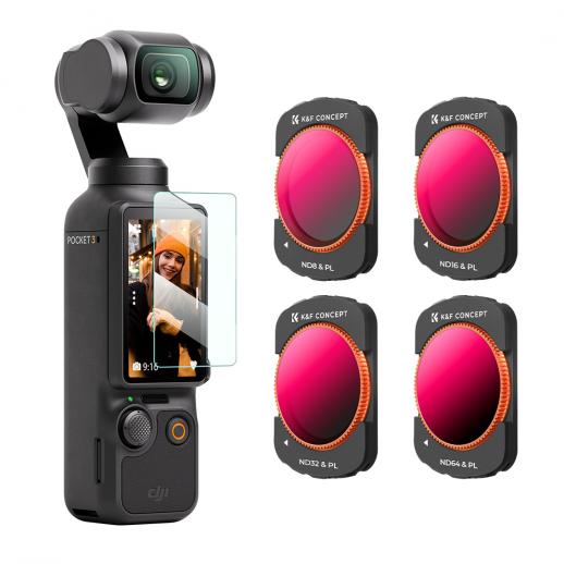K&F Concept ND & polarisatorfilter för DJI Osmo Pocket 3, Magnetic 2 in 1 ND8/PL+ND16/PL+ND32/PL+ND64/PL Filter 4-pack Kit 28-lagers nanobelagt HD optiskt glas