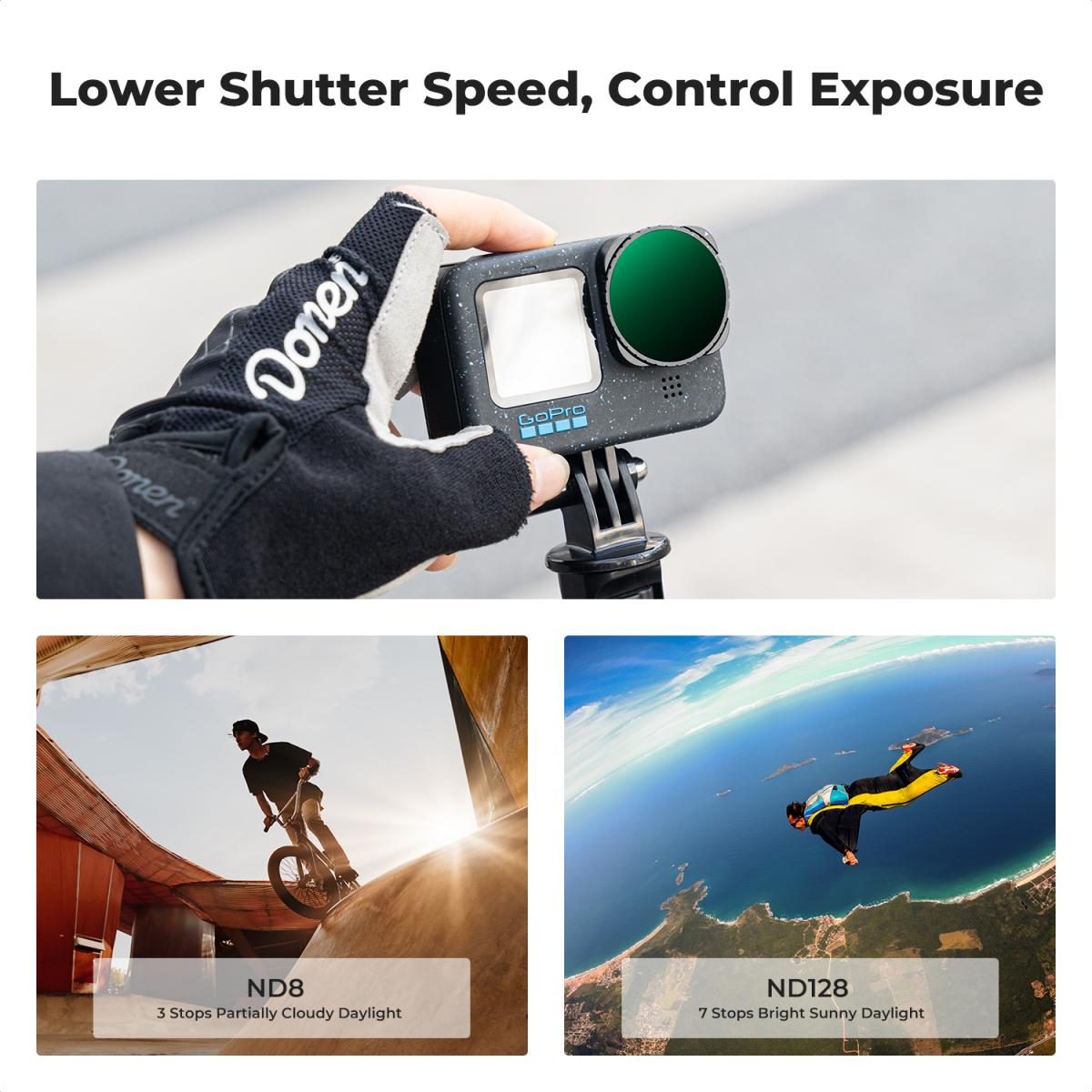 Juego de filtros ND variables K&F Concept compatibles con GoPro Hero 13 Black, ND2-32 y ND32-512, filtros de reducción de luz de densidad neutra para GoPro Hero 12/11/10/9 Black, vidrio óptico HD multicapa.