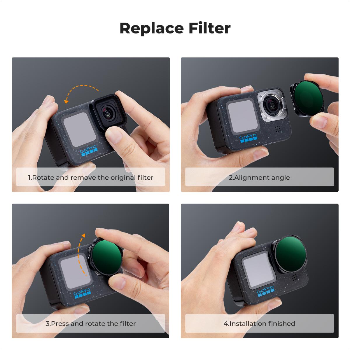 Juego de filtros ND variables K&F Concept compatibles con GoPro Hero 13 Black, ND2-32 y ND32-512, filtros de reducción de luz de densidad neutra para GoPro Hero 12/11/10/9 Black, vidrio óptico HD multicapa.