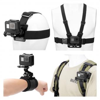 Kit d'accessoires K&F Concept pour GoPro Hero 13/12/11/10/9/8/7/6/5/4/ DJI Osmo Action Series / Pocket 3/2 / Insta360 X4/X3, harnais de poitrine + clip de sac à dos + support de sangle de tête rotatif à 360° et dragonne
